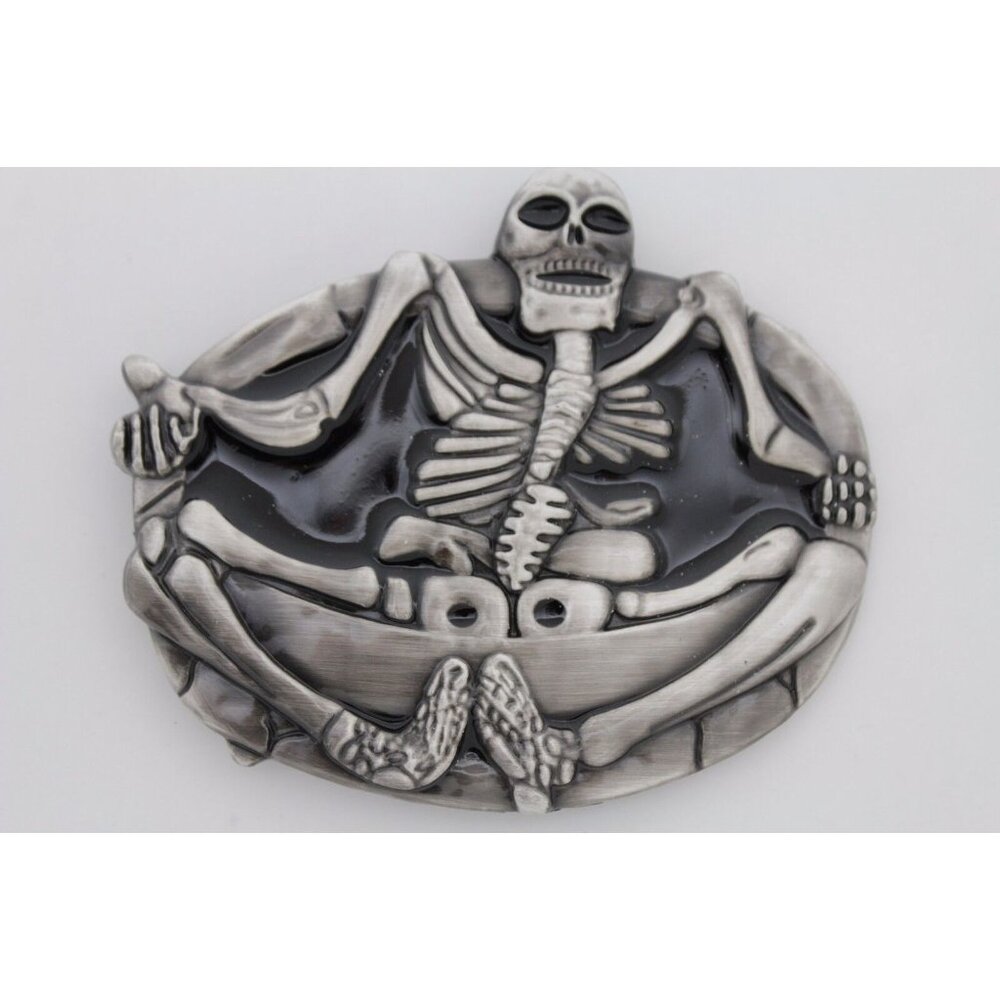 Men Women Silver Metal Belt Buckle Skull Skeleton Bones Body Big Size Oval Shape